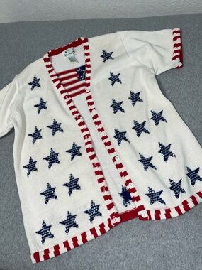 Vintage Quacker Factory Flag Cardigan Sweater Medium Stars Strips Americana Knit